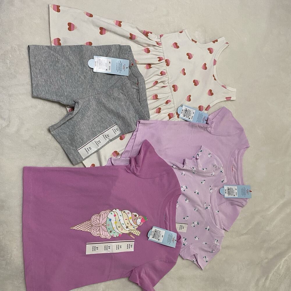 NWT Cat&Jack Pack of 5 Girls Size 3T Short Sleeve Pink T-Shirts &Dress